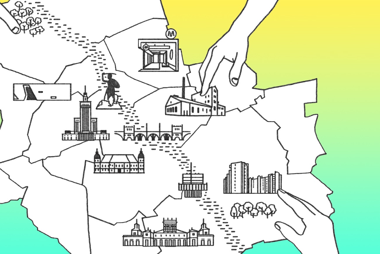 rafika. Narysowana mapa Warszawy ze znanymi budynkami: pałac kultury i nauki, zamek królewski, wejście do metra, pomnik syrenki i inne. Tło z żółtego przechodzi w zielony.